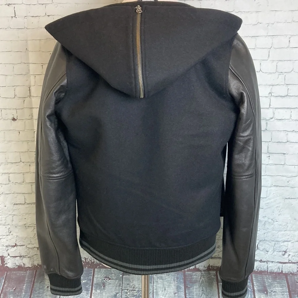 Nike NSW Black Leather Wool Hooded Destroyer Varsity Bomber Jacket S Letterman